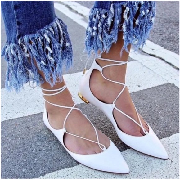 AQUAZZURA CHRISTY WHITE LEATHER LACE UP ANKLE WRAP POINTED TOE BALLET FLATS - Picture 14 of 15